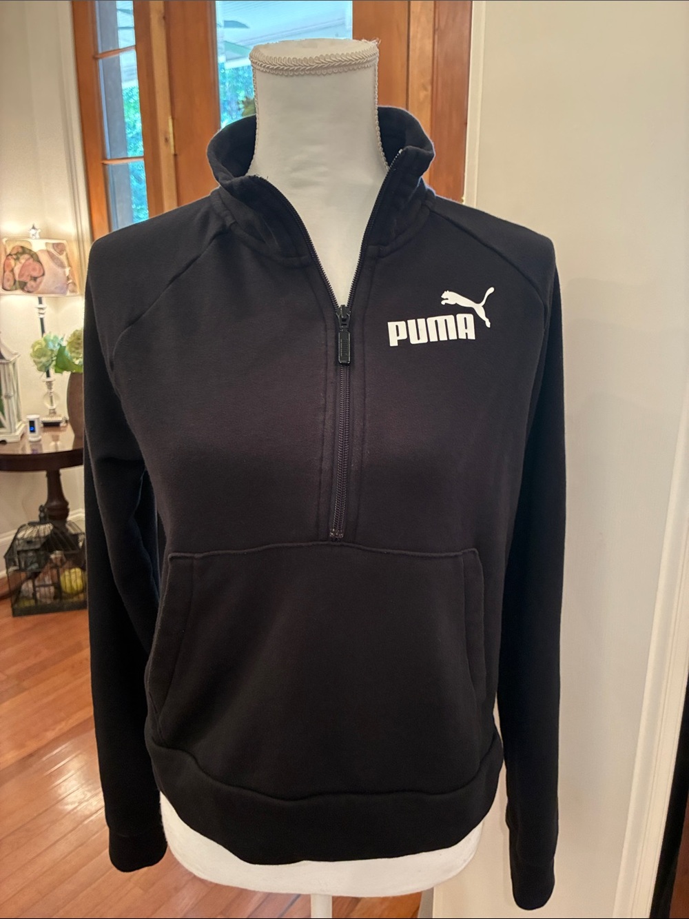 Puma Black Cropped 1/4 Zip with Kangaroo Pocket Oversized Cotton Blend